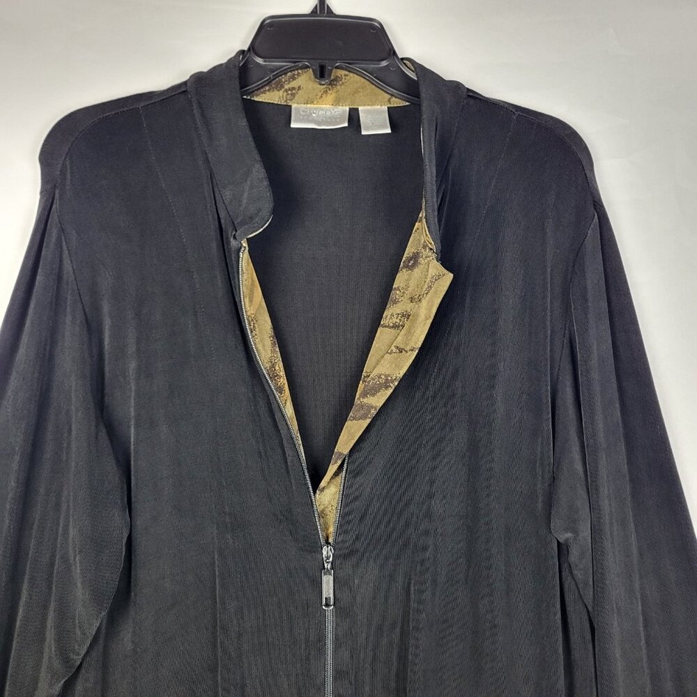 2 for $30 Chicos Liquid Knit Jacket Women's Large 2 Black Brown Trim Full Zip - Picture 3 of 10